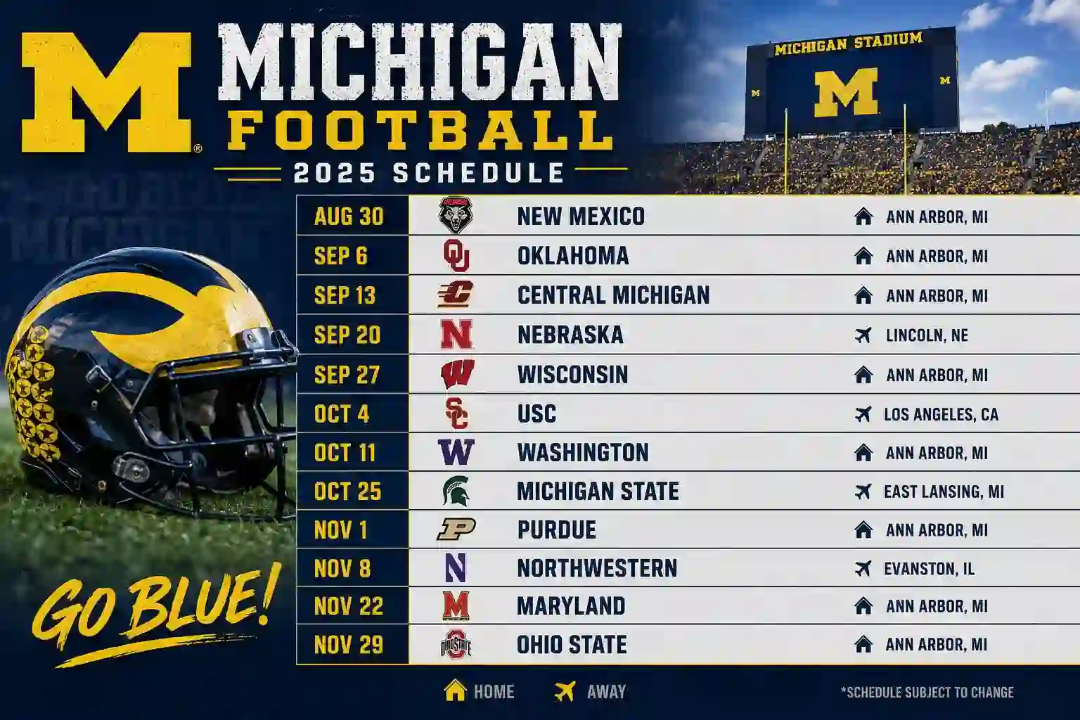 Michigan football schedule 2025 with game dates, opponents, home and away games