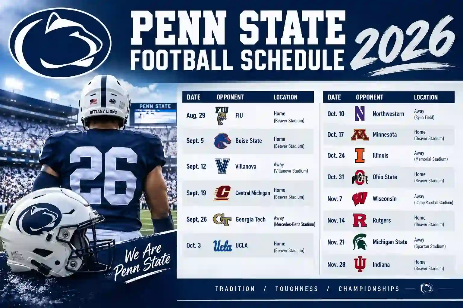 Penn State football schedule 2026 with game dates and opponents