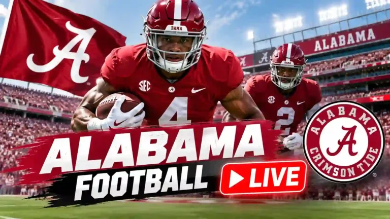 Alabama Football Live game coverage with Crimson Tide players in a packed stadium