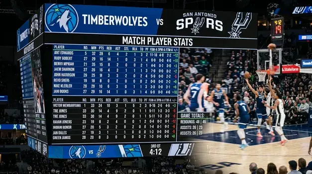 Minnesota Timberwolves vs San Antonio Spurs match player stats box score graphic featuring Anthony Edwards and Victor Wembanyama