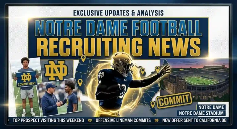 Notre Dame Football Recruiting News graphic featuring player commitment updates and Notre Dame Stadium