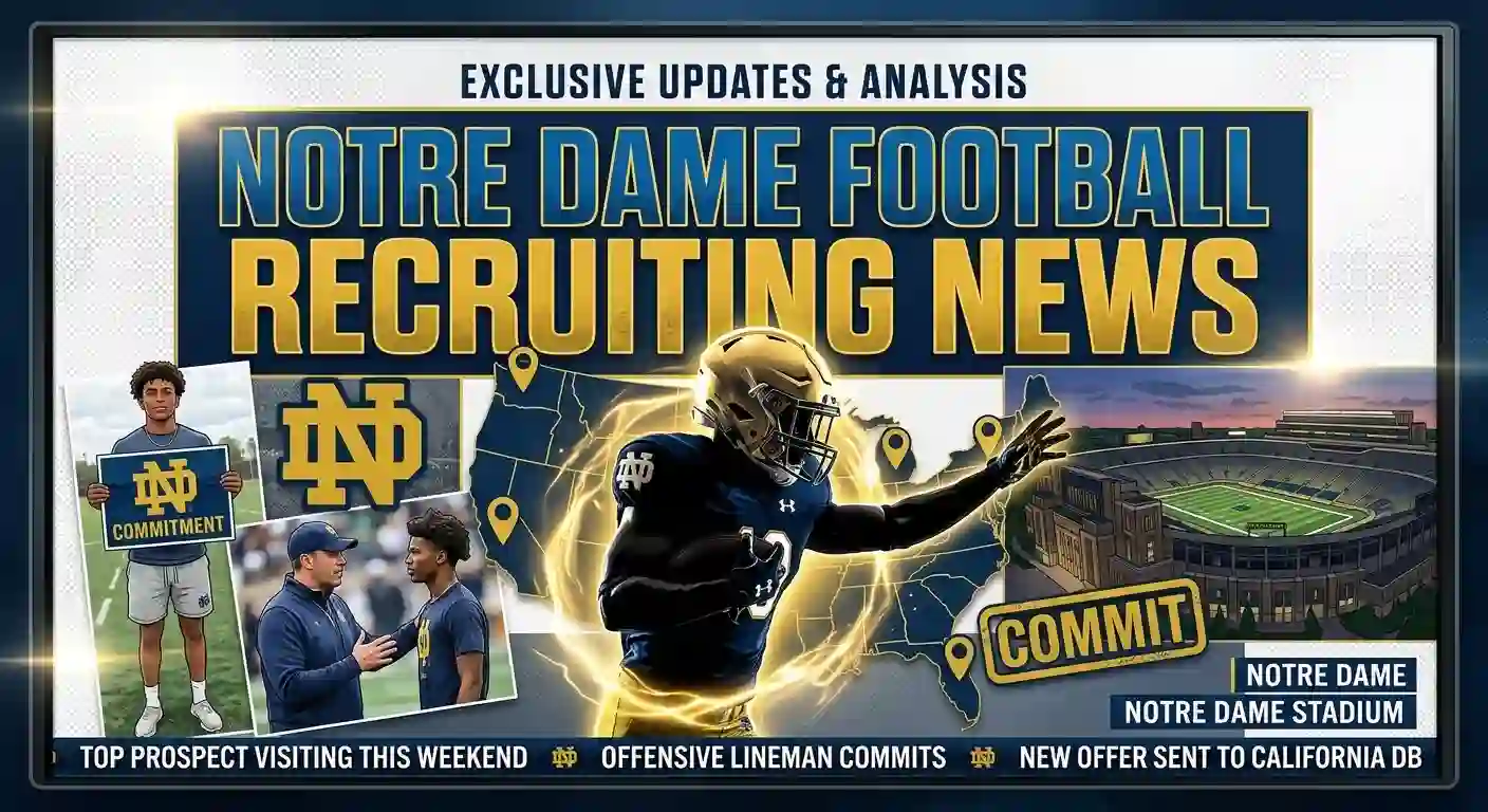 Notre Dame Football Recruiting News graphic featuring player commitment updates and Notre Dame Stadium