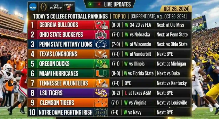 College Football AP Top 10 Rankings infographic showing team logos, ranks, records, and points.