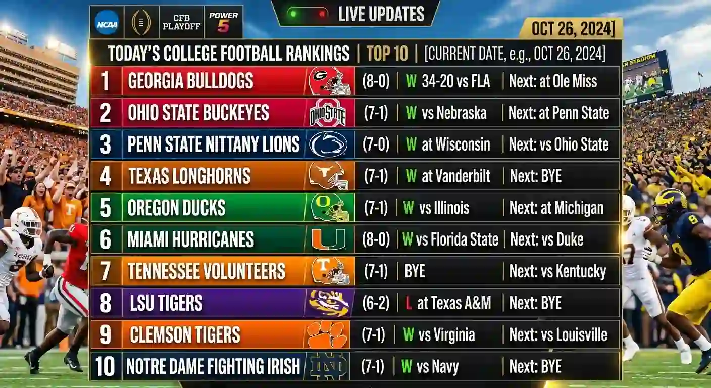 College Football AP Top 10 Rankings infographic showing team logos, ranks, records, and points.