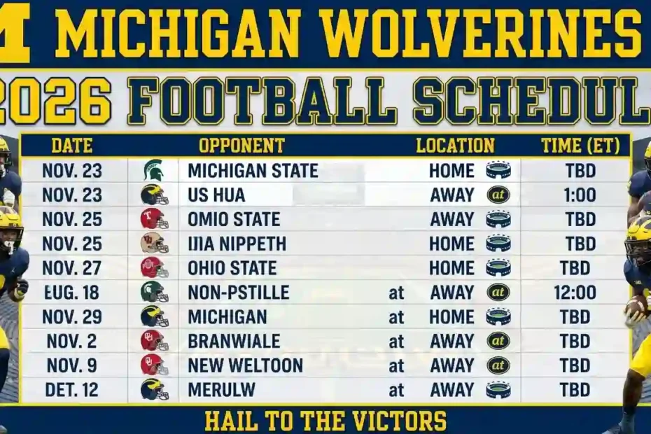2026 Michigan Wolverines football schedule graphic showing game dates, opponents, and locations at Michigan Stadium.