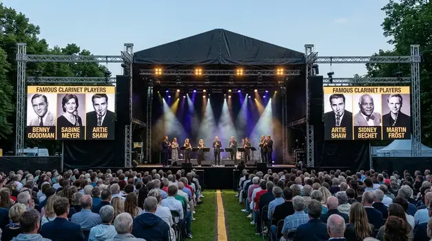 Live outdoor concert stage with large LED screens displaying famous clarinet players including Benny Goodman, Sabine Meyer, Artie Shaw, Sidney Bechet, and Martin Frost.