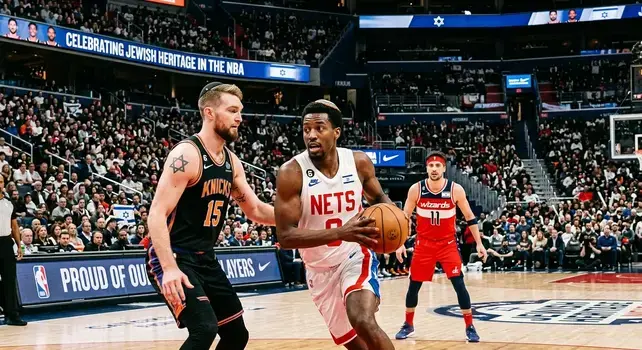 Action shot of professional basketball players on an NBA court during a Jewish Heritage celebration game.