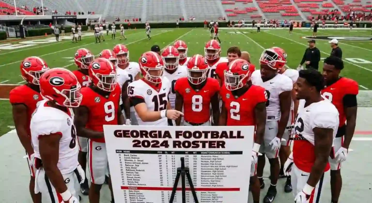 Georgia Bulldogs football team roster chart with players in red and white jerseys at Sanford Stadium