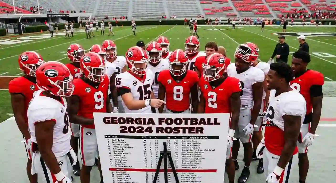 Georgia Bulldogs football team roster chart with players in red and white jerseys at Sanford Stadium