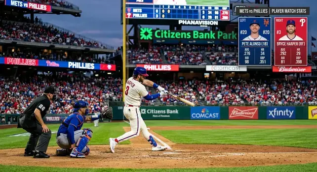 Mets vs Phillies match player stats showing Bryce Harper and Francisco Lindor facing off at the plate during an NL East rivalry game