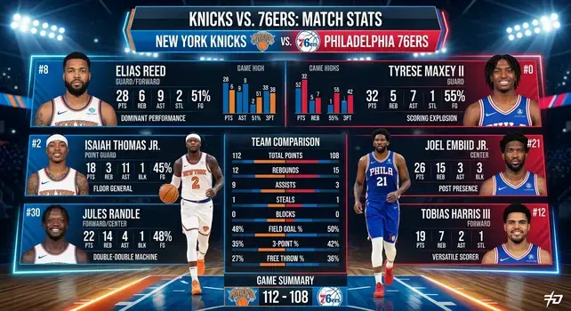 Infographic displaying New York Knicks vs Philadelphia 76ers match player stats, featuring top players like Tyrese Maxey and Joel Embiid, team comparison, and final score 112-108.