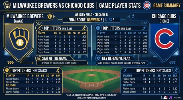 Infographic showing Milwaukee Brewers vs Chicago Cubs match player stats, top hitters, pitching statistics, and key game details.