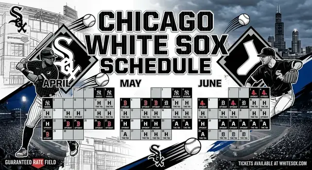 Chicago White Sox game schedule graphic showing April, May, and June fixtures with Guaranteed Rate Field background