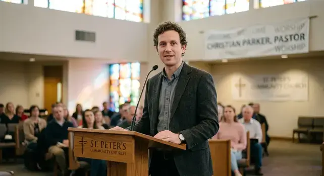 Pastor Christian Parker speaking at the pulpit in St. Peter's Community Church during a sermon.