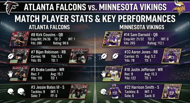 Atlanta Falcons vs Minnesota Vikings match player stats infographic featuring Kirk Cousins and Sam Darnold