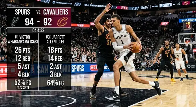 San Antonio Spurs vs Cleveland Cavaliers match graphic showing player stats for Victor Wembanyama and Jarrett Allen with score 94-92.