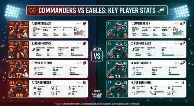 Washington Commanders vs Philadelphia Eagles match player stats breakdown featuring quarterbacks, running backs, wide receivers, and top defenders