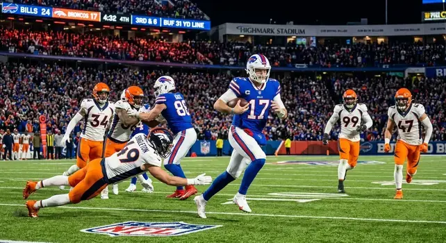 Josh Allen carrying the football for Buffalo Bills during a high-stakes NFL game against the Denver Broncos at Highmark Stadium, displaying live match player stats and score on the scoreboard.